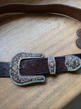Western Embossed Brown Leather Belt with Decorative Crystal Buckle